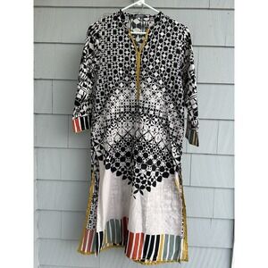 Nishat Linen PRET Kurta Tunic Dress Small 100% Pima Cotton Black White